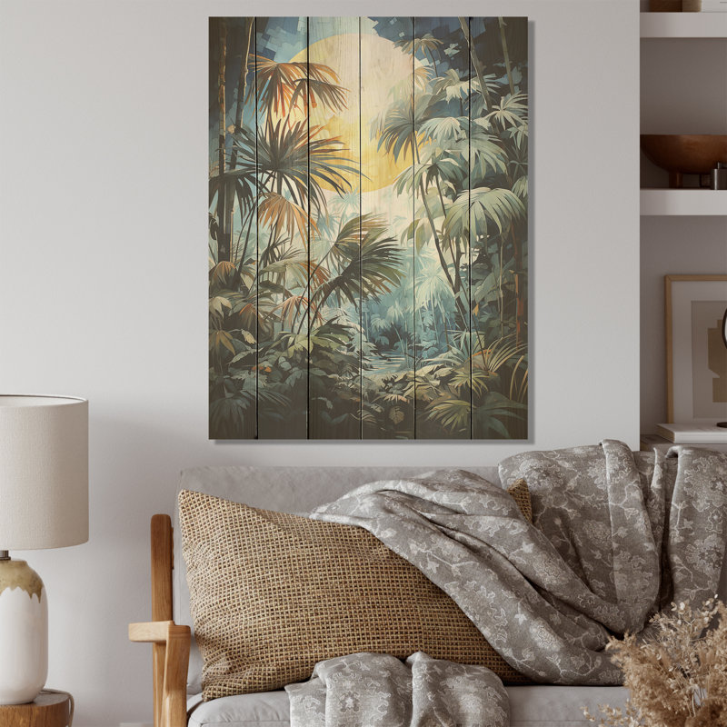 Forêt de palmiers au clair de lune - Art sur bois de pin naturel, H 20 po x l 10 po