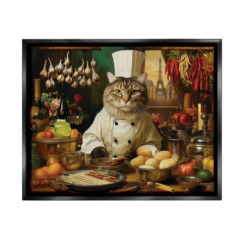 «Cat Chef In Kitchen» par Michael David Ward sur toile, Cadre flottant noir de jais, H 25 po x l 31 po