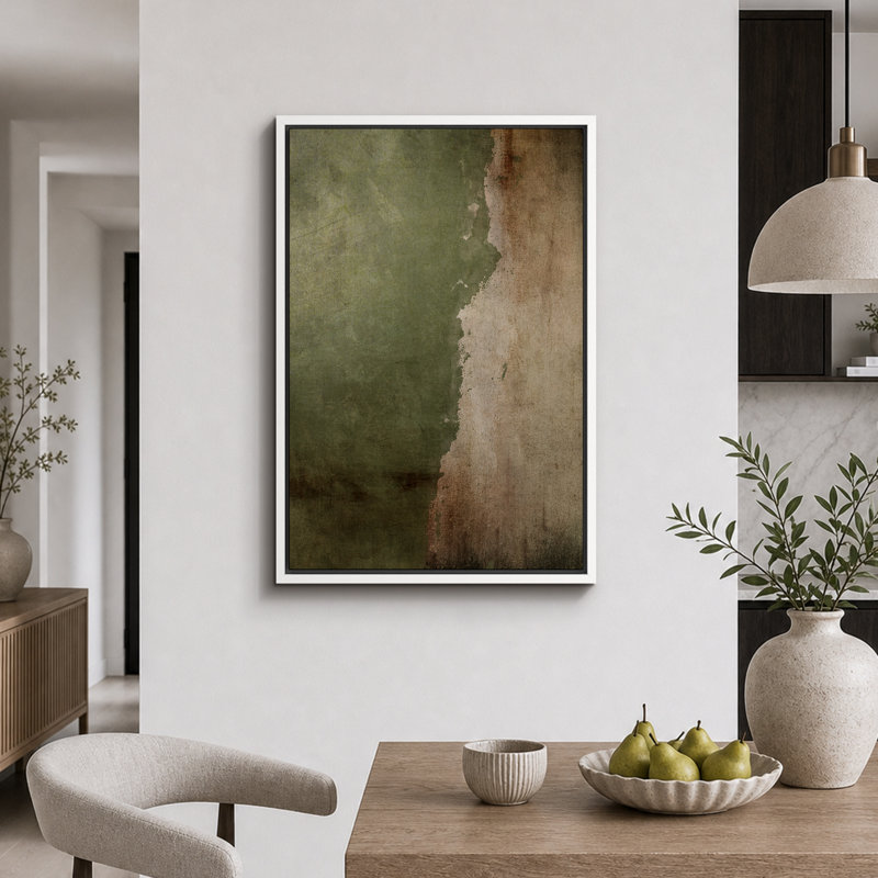 Œuvre d'art vert et beige vieilli, images murales abstraites rustiques modernes, impression sur toile encadrée, Blanc