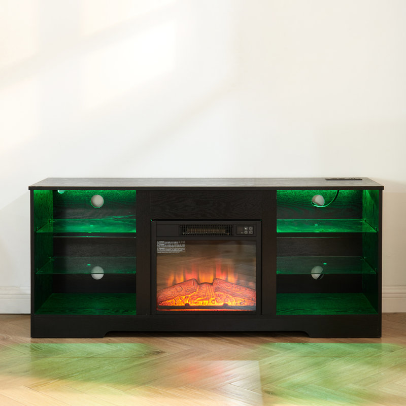 Meuble télé avec foyer électrique et charge, noir, l 58 po x P 15,5 po x H 24,4 po, pour écrans de 32 à 62 po noirs avec réglage de température jusqu'à 65 po