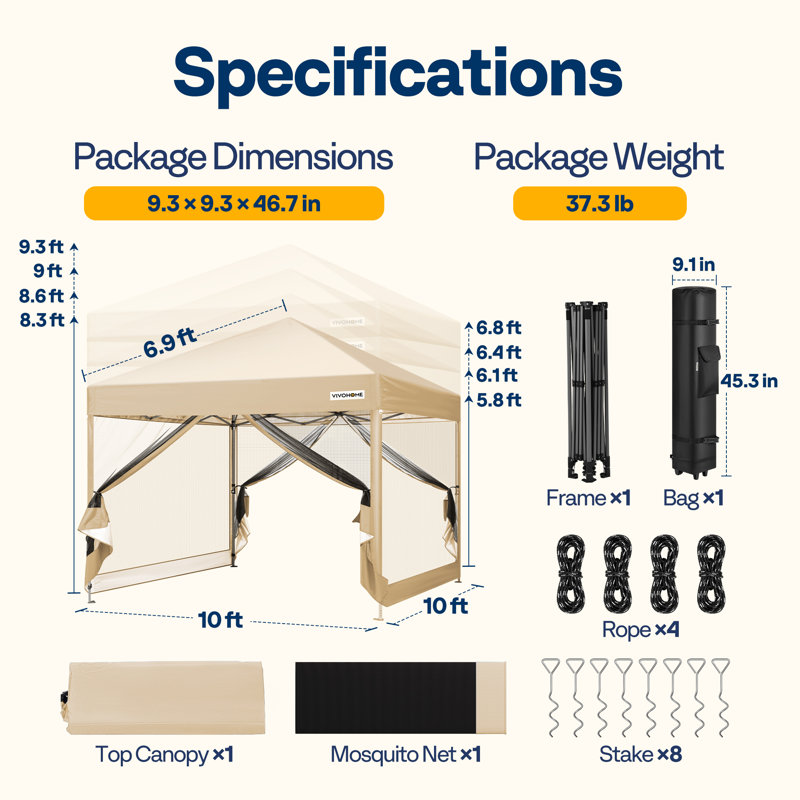 Tente d'extérieur escamotable en acier avec moustiquaire, 10 pi. L 10 pi. D, Beige