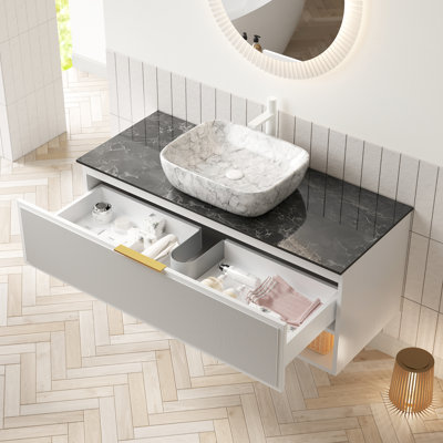 Meuble-lavabo 48 po, comptoir en pierre frittée noire, vasque en céramique à motif marbré blanc, contreplaqué flottant, capteur, bassin en contreplaqué multicouche de haute qualité, armoire,
