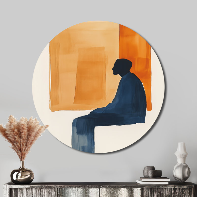 Reflet paisible en position assise - Affiche murale ronde en métal orange de style milieu du siècle, 29" H x 29" W