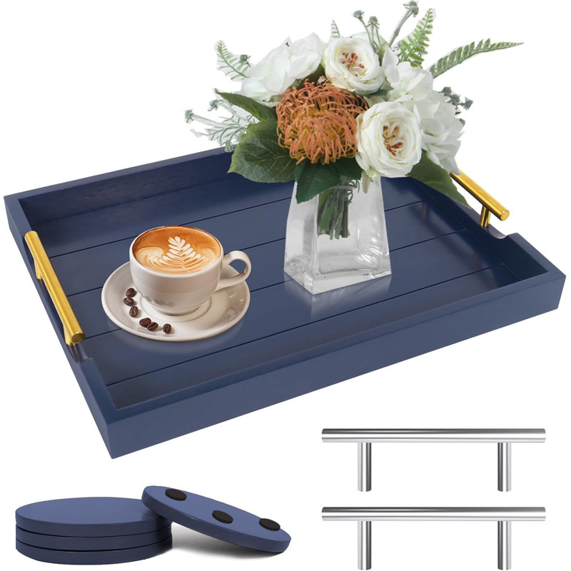 Large Wooden Serving Tray With Handles For Coffee Table And Ottoman - Rustic Farmhouse Style Wood Tray With 4 Round Coasters - Lightweight And Sturdy For Living Room Decor