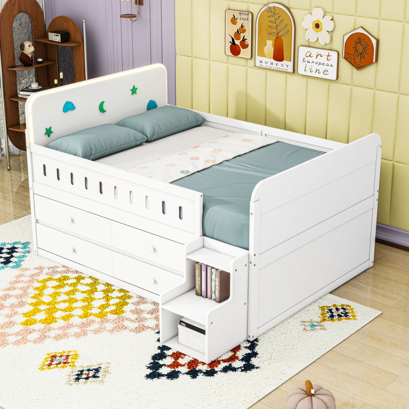 Full Size Wooden Bed With LED Light And Storage Drawers, White