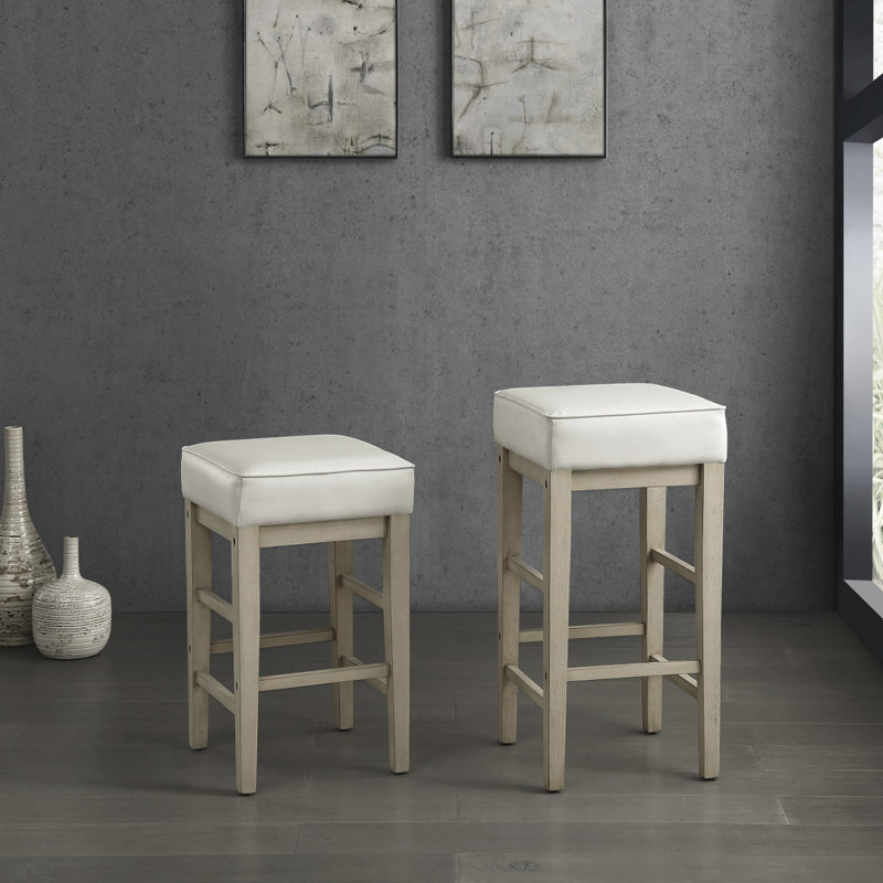 Ensemble de 2 tabourets à hauteur de comptoir de transitionnel en similicuir 24 po, structure en bois massif, Blanc, Blanc