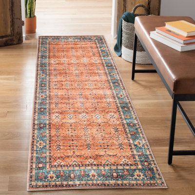  Tapis lavable antidérapant - Tapis de bordure traditionnel orange / bleu sarcelle pour vestibule, couloir, salle de bain et cuisine