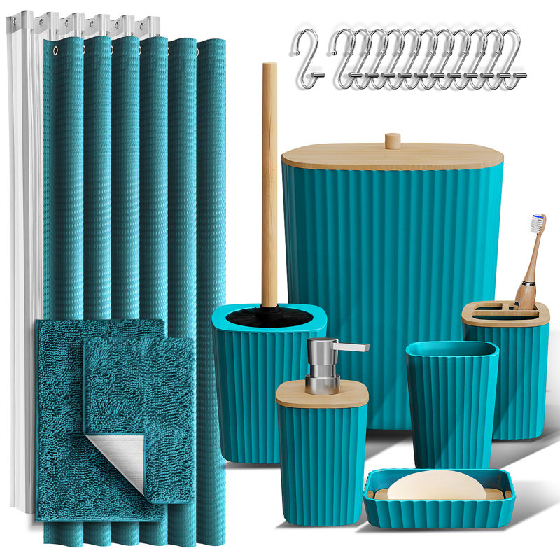 Complete 22 Piece Bathroom Accessory Set with Bath Rugs, Shower Curtain Set, Liner, and Hooks, Teal