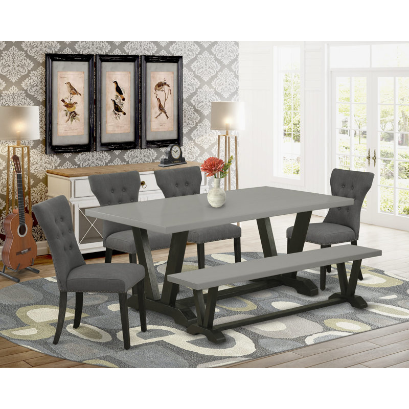 6-Pc Set an Excellent Cement Kitchen Table top and a Gorgeous Bench and 4 Dark Gotham Grey dining room chairs with Button Tufted Chair Back, Wire Brushed Black Finish
