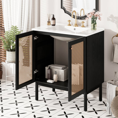 Meuble-lavabo de 30 po avec portes en rotin tissé à la main, structure en bois massif, lavabo en céramique, charnières à fermeture en douceur, poignées dorées, finition noire