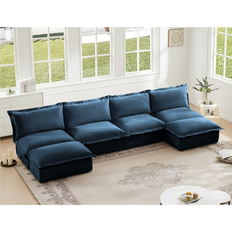 Canapé, repose-pieds en chenille, Bleu, 4, H 34,6 po x l 55 po x P 146,4 po