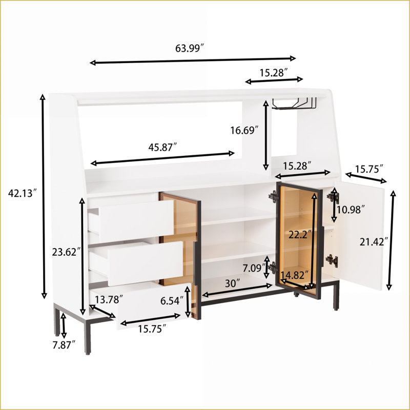 Table basse à structure en métal durable avec 3 tiroirs Porte en verre, rangement multifonctionnel pour verres à vin et amp; Décoration