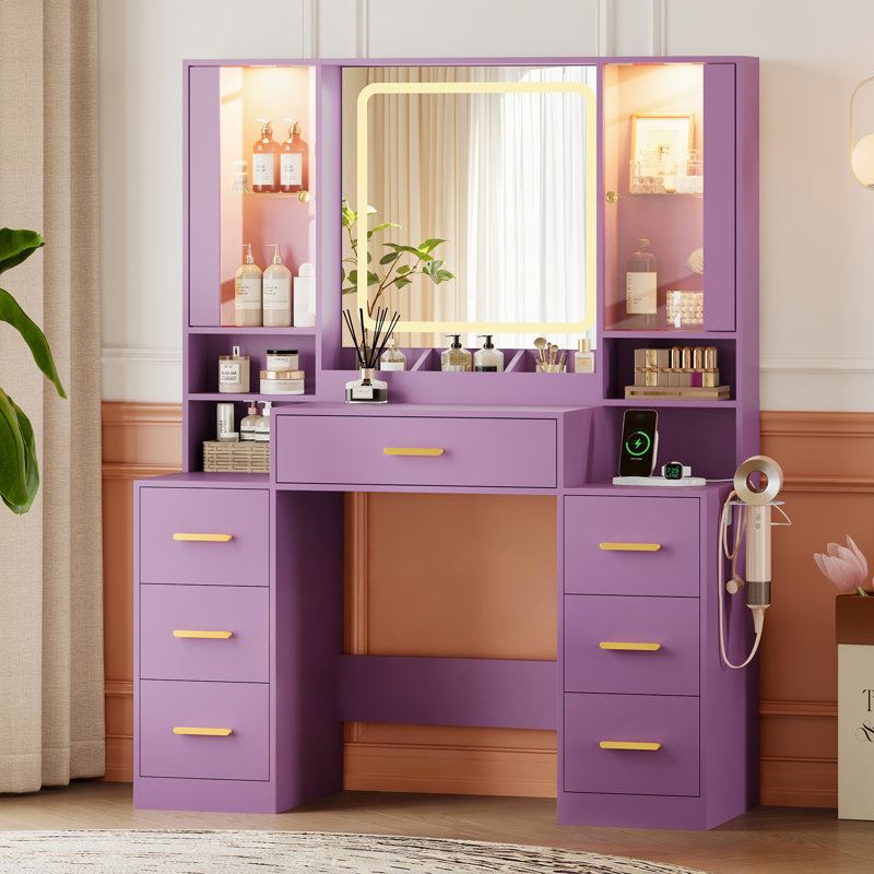 Large Lighted Makeup Vanity Set with Adjustable RGB Lights & Charging Station, Dressing Table with Mirror & Large Storage