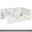 Lit plateforme en bois pleine grandeur avec tablettes de rangement, tiroirs, station de charge, DEL, bureau et tête de lit tapissier, coussin blanc et beige-787589221-787589222