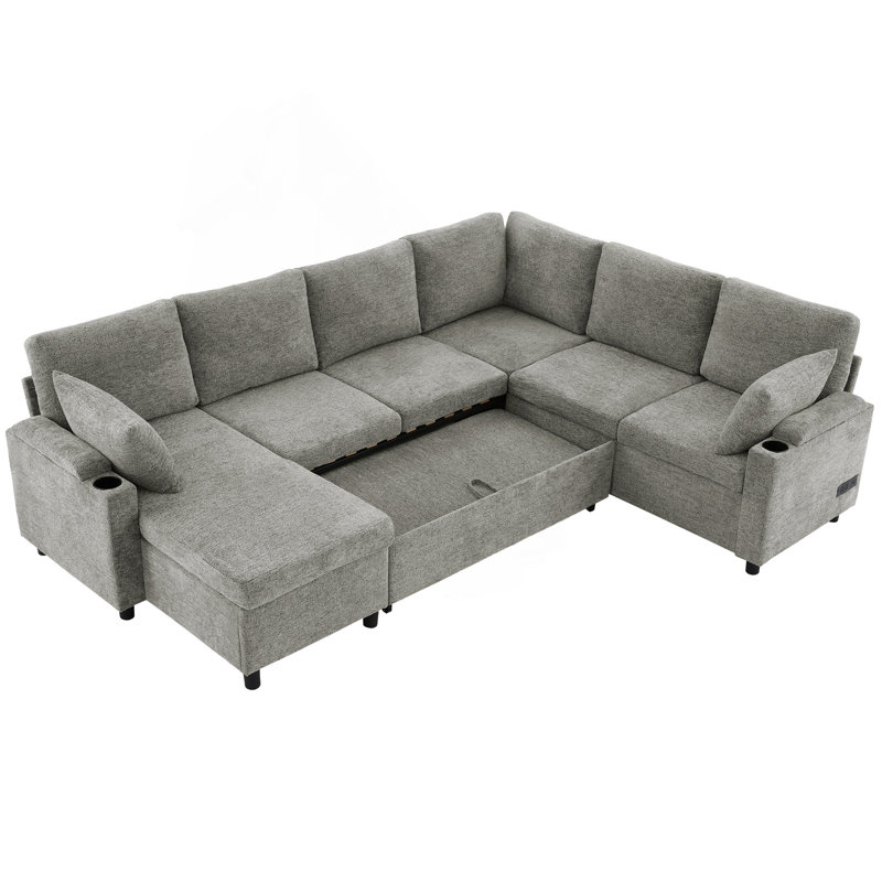 U-shaped Sectional Sofa Bed With Ample Storage Space, Two Cup Holders, Charging Ports And Hidden Storage Chaise