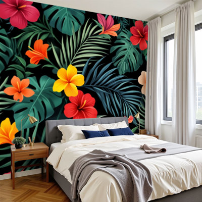 Papier peint adhésif pelez et collez fleurs d'hibiscus tropicales dessinés à la main à motif de palmier exotique H 69 po x l 96 po Papier adhésif amovible en PVC pour chambre à coucher, bureau à domicile, bureau à domicile