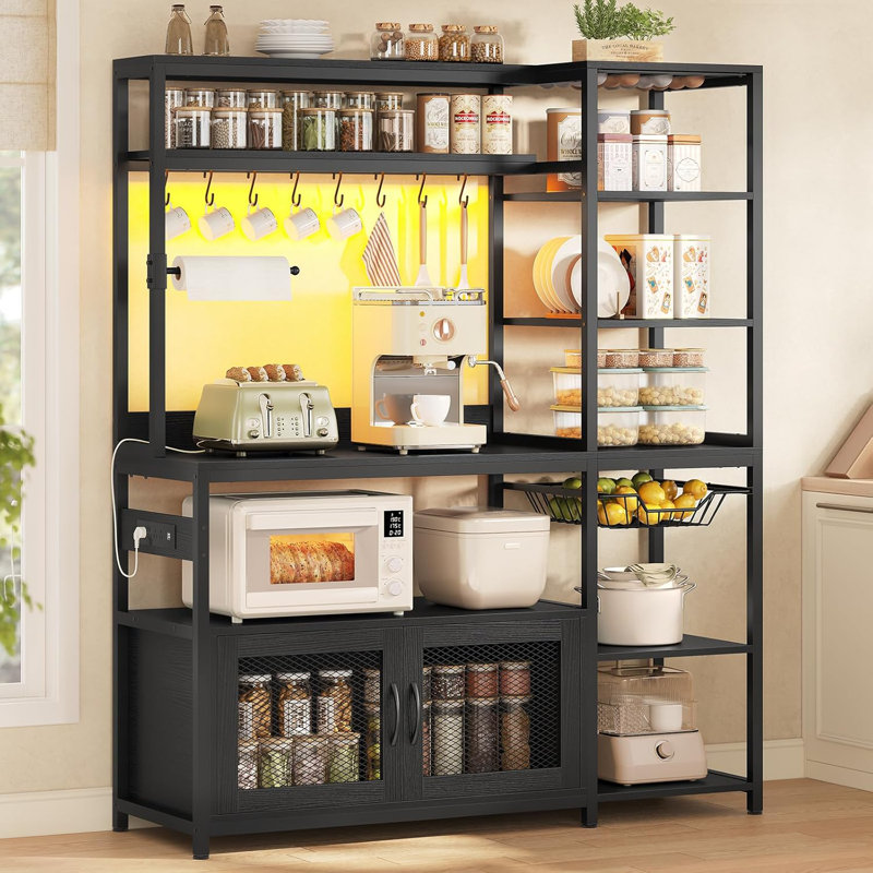 47.2” Baker's Rack With Coffee Pod Holder, Kitchen Coffee Bar With Power Outlet And Led Light, Microwave Stand With Storage Shelves, Metal Cabinet, Wire Basket, 8 Hooks
