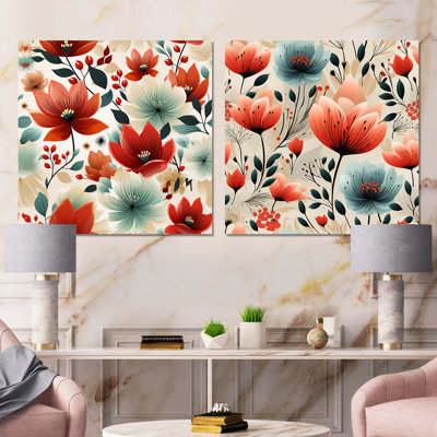 «Vintage Romance Red Floral Bliss», ensemble de 2 impressions murales florales