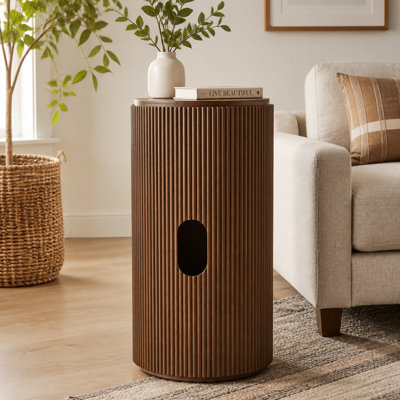 Meuble de salle de bain cylindrique autoportant, colonne de 40 cm, aspect noyer, sans robinet ni bonde.