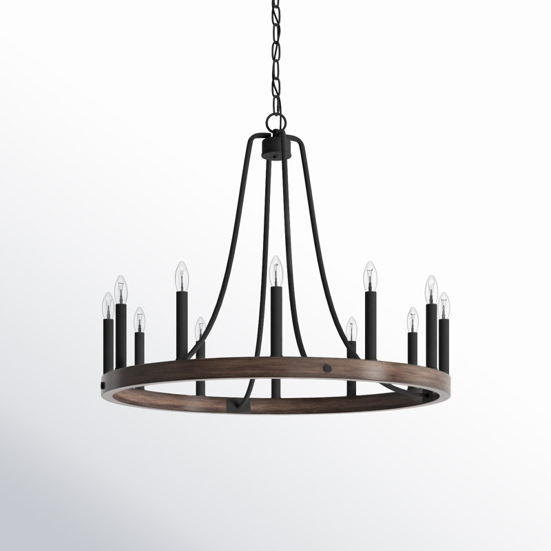 Adriana 12-Light Dimmable Steel Wagon Wheel Chandelier with Sloped Ceiling Adapter, Weathered Walnut