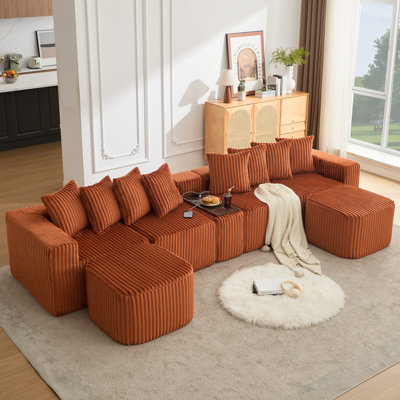 [NEW ARRIVED] [VIDEO PROVIDED] 137.5" U Shaped  Sofa , USB & Wireless Charge, Coffee Table Board With a Cup Holder, Oversize Movable Modular Sofa,Movable Footstool,No Assembly,6 Seats,Corduroy,Orange