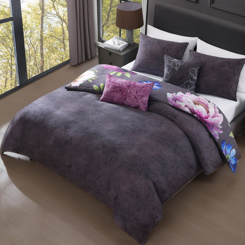Bebejan Elegant Blossoms 100% Cotton Sateen 5 Piece Reversible Comforter Set, King Comforter + 4 Additional Pieces