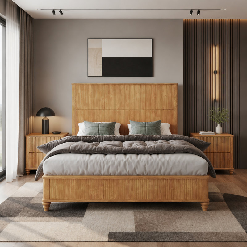 Ensemble de chambre à coucher 3 pièces avec grand lit plateforme et 2 tables de chevet cannelées Kernie, Natural, Grand