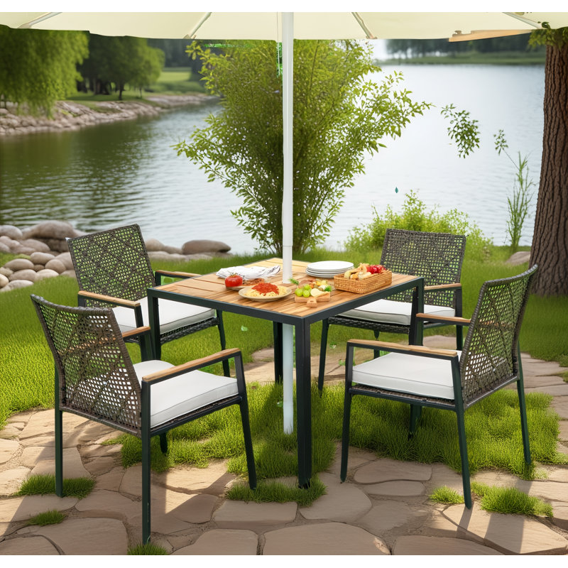 5-piece Patio Dining Table Set, Acacia Wood Table Top With Umbrella Hole,rattan Chairs, Beige, Yellow