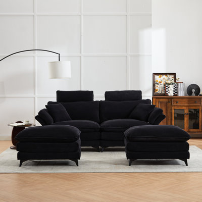 Canapé modulaire en velours côtelé de luxe avec 2 repose-pieds, 85,8 po, pour le bureau (4 appuis-tête amovibles confortables noirs, salon en tissu de 85,8 po