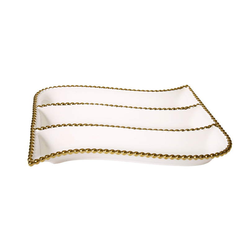 Plat en porcelaine blanc à 3 craquelins avec motif de perles dorées