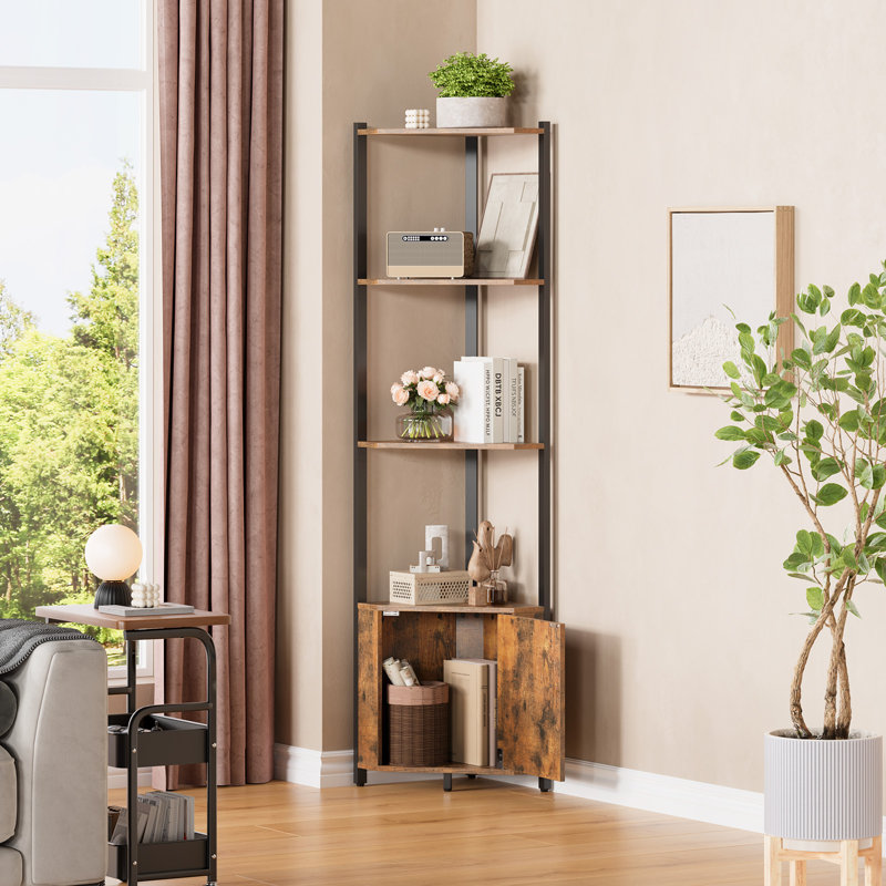 5-Tier Corner Shelf Stand Metal Frame Wood Shelves Space-Saving Tall Storage Rack for Bathroom Kitchen Bedroom Plants Books Decor