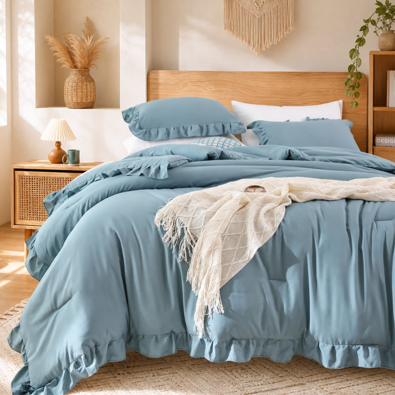 Ensemble d'édredon 3 pièces Ruffle, Édredon grand + 2 taies d'oreiller standard, Bleu minéral