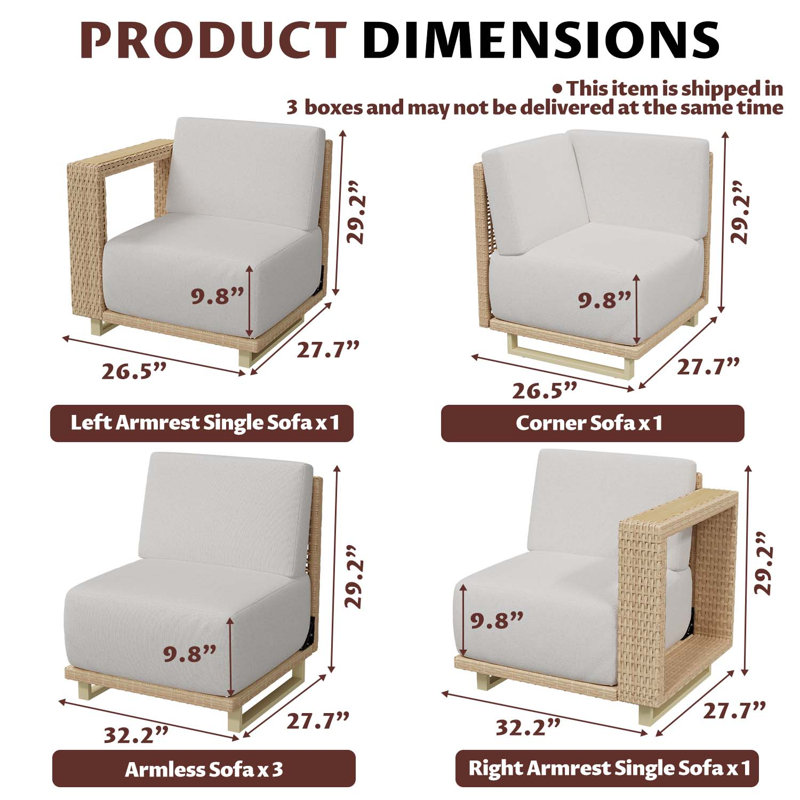 Ensemble de conversation d'extérieur en osier 6 pièces avec coussins 10 po Eila, Beige Cushion/Yellow Frame, 6, Sectional