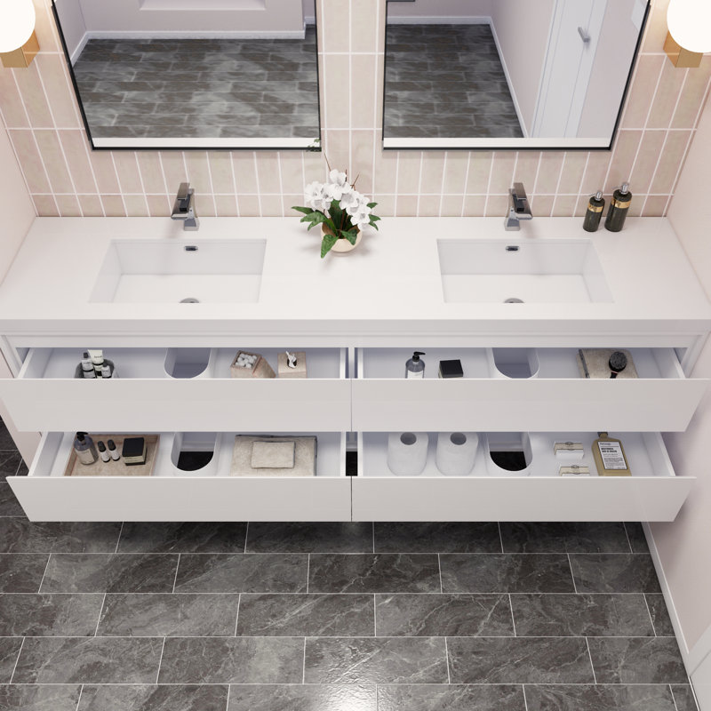 Azden 84" Wall-Mounted Double Bathroom Vanity Set, High Gloss White