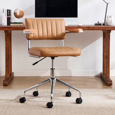 Chaise de bureau pivotante ajustable Ayris de style moderne du milieu du siècle, hauteur 22,1 po, revêtement en cuir et accoudoirs en bois massif