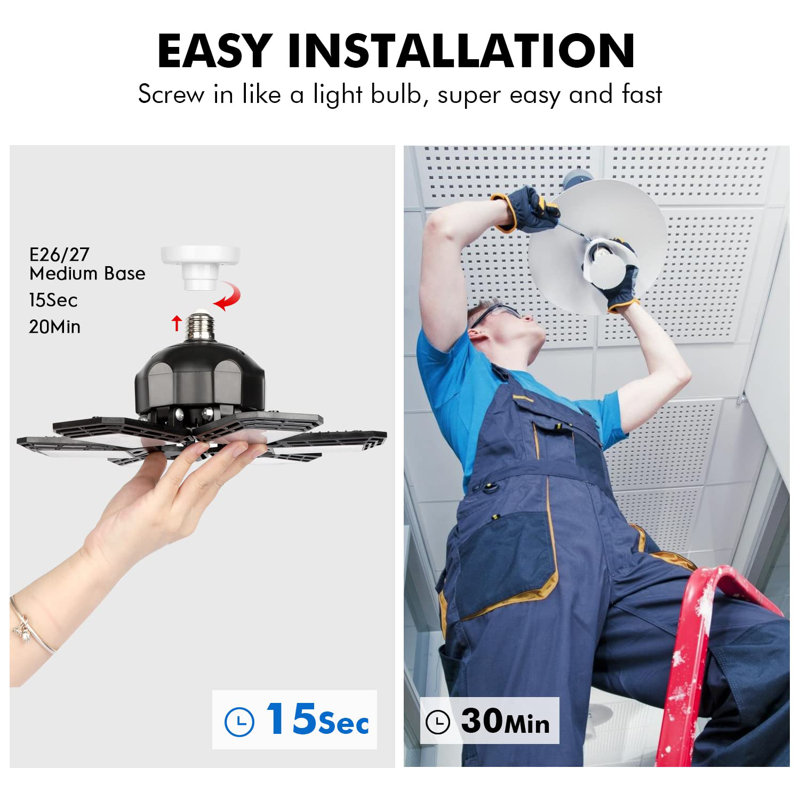 Ensemble de 2 lumières de garage à DEL 180W déformables 18000LM près des plafonniers E26 E27 à visser et à six vantaux, lumière DEL lumineuse avec 6 panneaux réglables pour l'entrepôt de travail