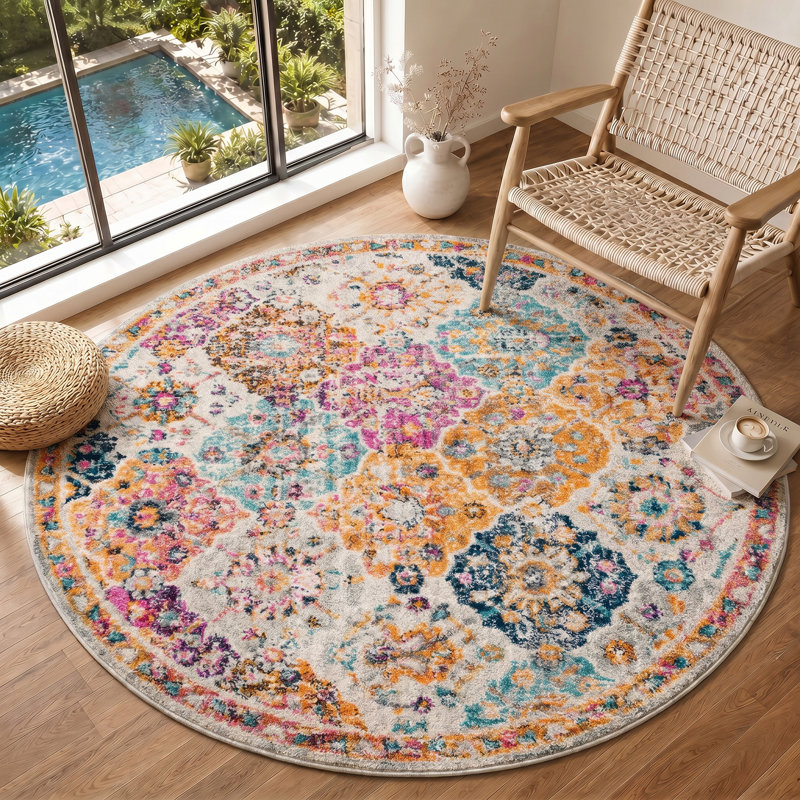 Sterne Machine Woven Beige/Blue/Orange/Pink/Teal/Yellow Indoor Rug, Round 160 cm