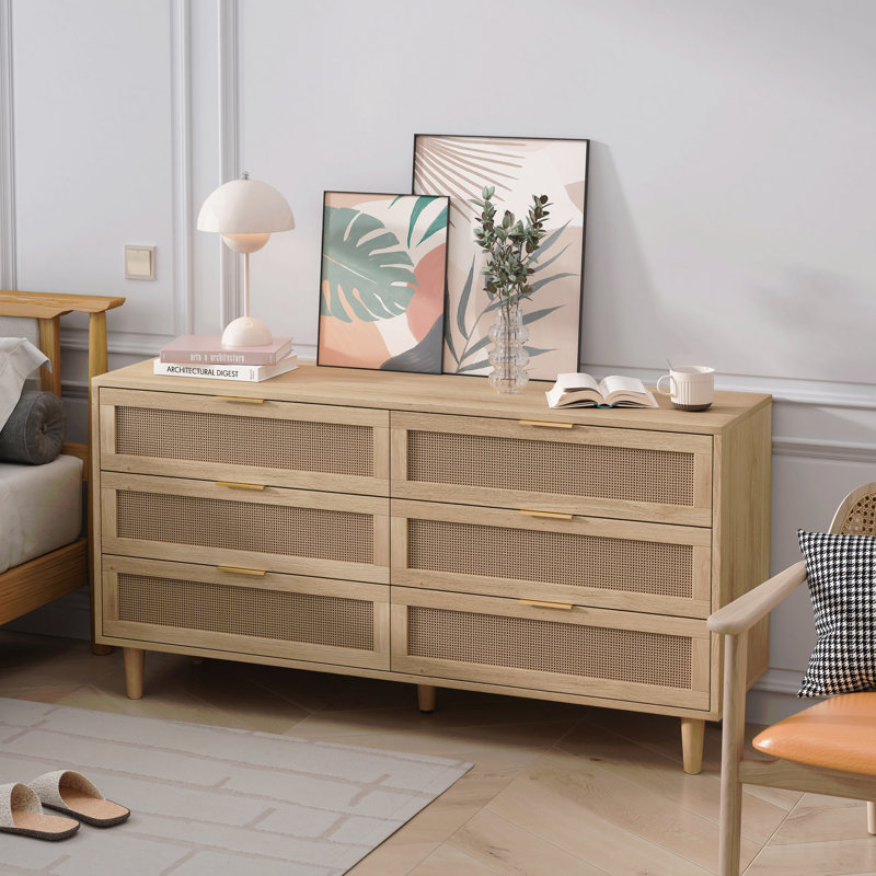 51.18"6-Drawers Rattan Storage Cabinet Rattan Drawer with White Drawer Slides,for Bedroom,Living Room,Natural, Natural