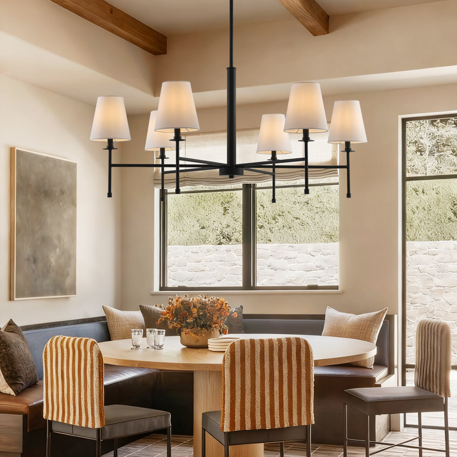 Modern 6-Light Chandelier with Shades, Matte Black