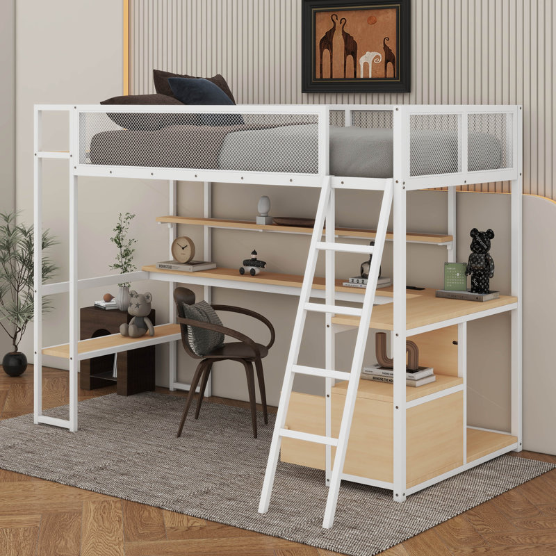 Lit mezzanine simple en métal avec poste de travail, DEL et rangement multiple, Blanc