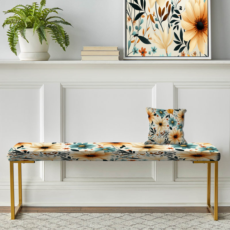 Upholstered Bench, Retro Blue And Beige Floral Gardens I