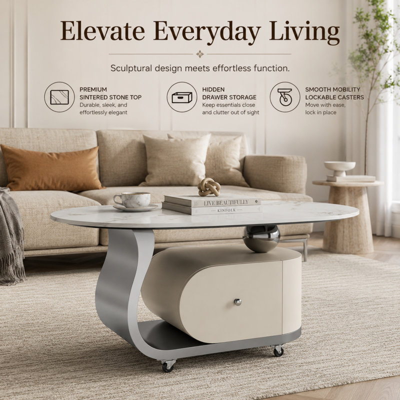 Table basse ovale moderne en pierre frittée de 39,4 po avec tiroir de rangement, base en acier inoxydable et 4 roulettes verrouillables Caston