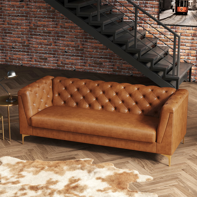 Canapé Chesterfield 80,7 po en similicuir, canapé 3 places avec pieds en métal doré pour le salon, Similicuir brun, Doré