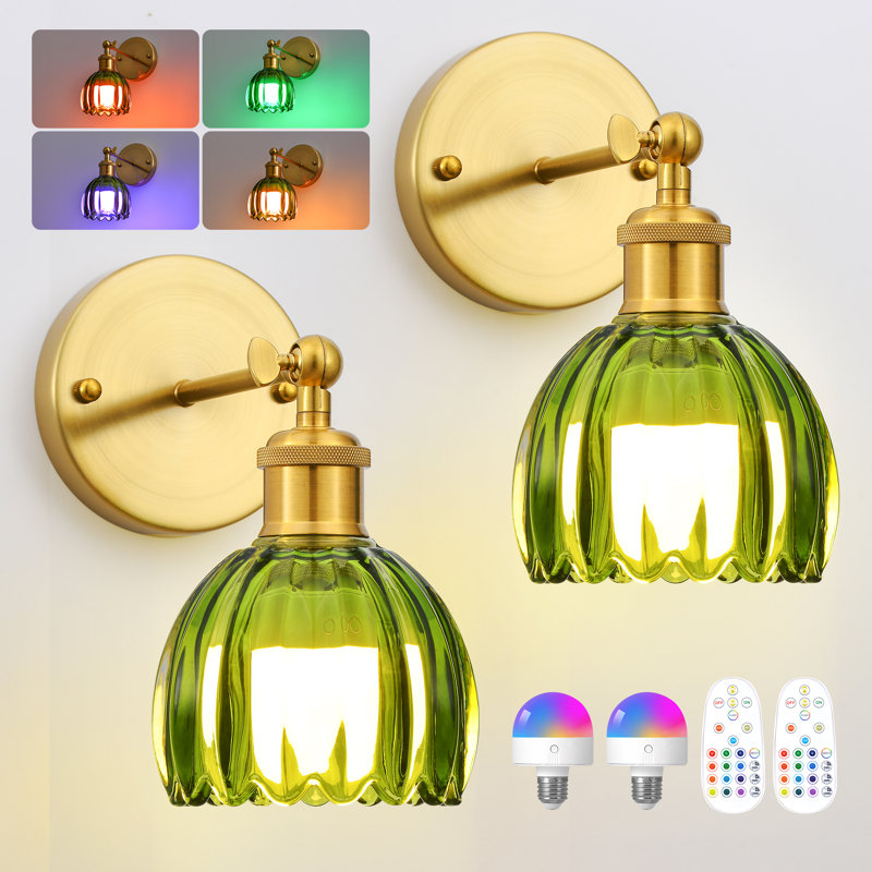 Battery Operated Wall Sconces With Remote Control With Green Tulip Glass Lampshade (Set Of 2), Gold, Green