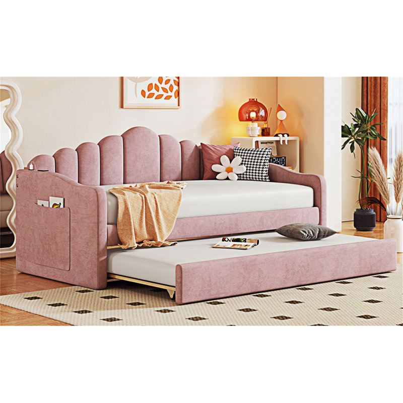 Upholstered Daybed With Trundle, Pink