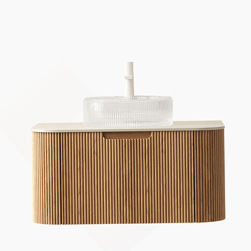 Meuble-lavabo de salle de bain flottant 30 po avec rebords arrondis, meuble de rangement rayé, lavabo rond en verre transparent et plateau en pierre frittée de couleur grain de bois naturel