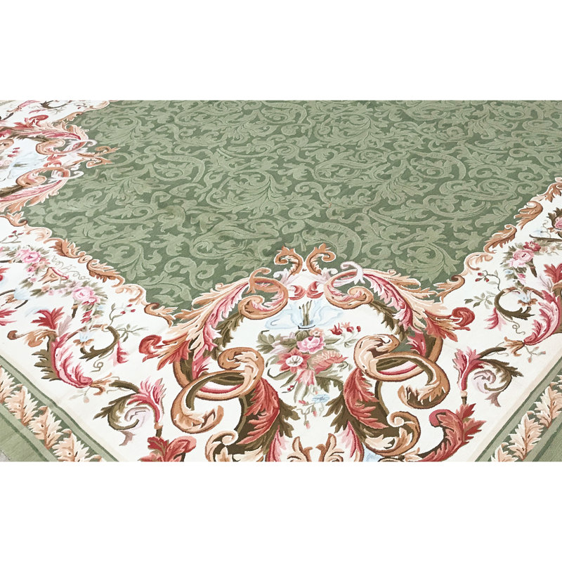 Tapis vert et ivoire noué à la main de haute qualité