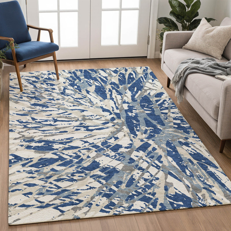 Tapis abstrait lavable à la machine intérieur / extérieur ACN2651, Navy, 5 pi x 7 pi 6 po