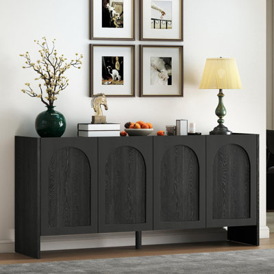 63" Arched Sideboard Cabinet with 4 Doors, Solid Wood Veneer Storage Credenza with Adjustable Shelves for Dining Room or Entryway , Black