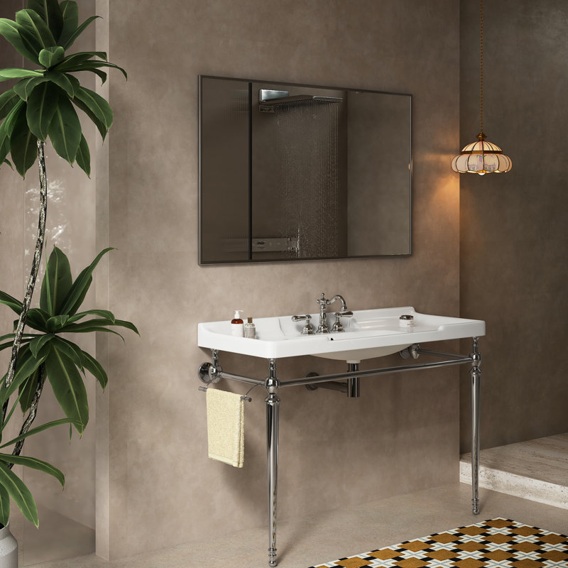 Lavabo de salle de bain de 122 cm (48 po) en céramique blanche, 3 trous de robinetterie, pattes de support en acier inoxydable avec porte-serviettes, lavabo intégré haute performance, finition, meuble-lavabo en céramique à emballer soi-même, couleur